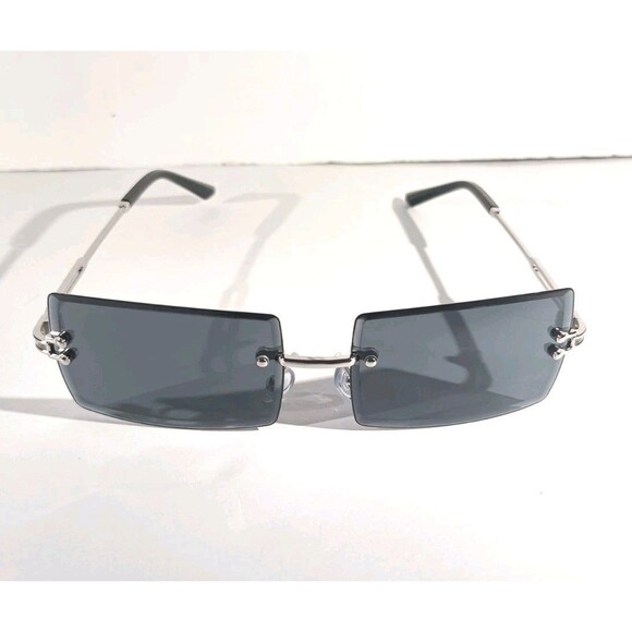 Rimless Square Sunglasses Dark Blue Tint Unisex Metal Frame - Picture 1 of 7